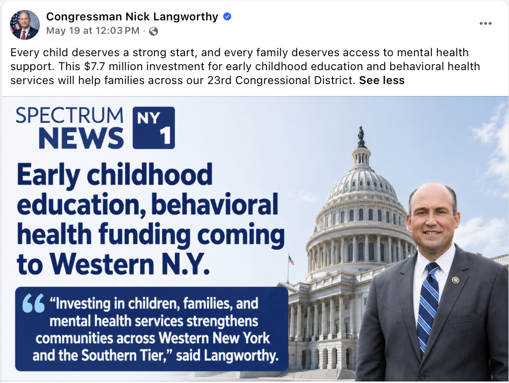 Langworthy Facebook post May 19 announcing $7.7 million for early childhood education and behavioral health services