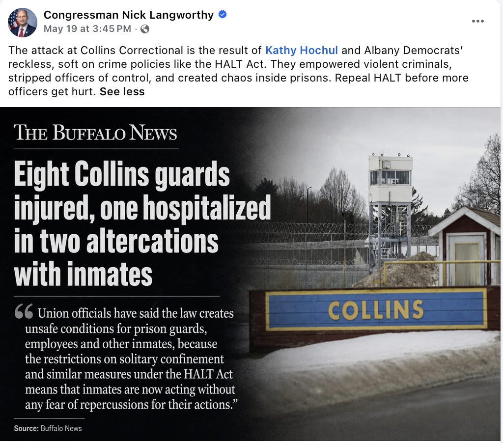 Langworthy Facebook post May 19 blaming HALT Act for Collins Correctional attacks, sharing Buffalo News graphic