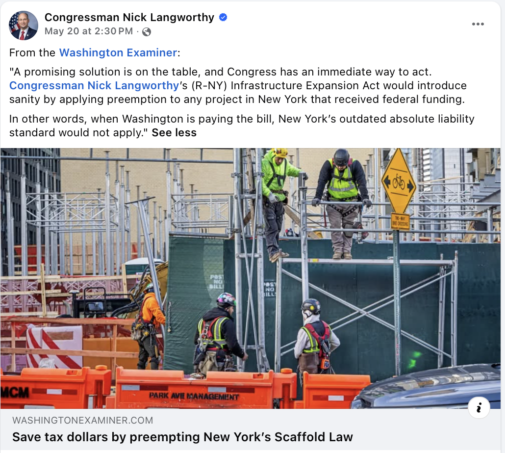 Langworthy Facebook post sharing Washington Examiner op-ed about the Infrastructure Expansion Act and NY Scaffold Law preemption