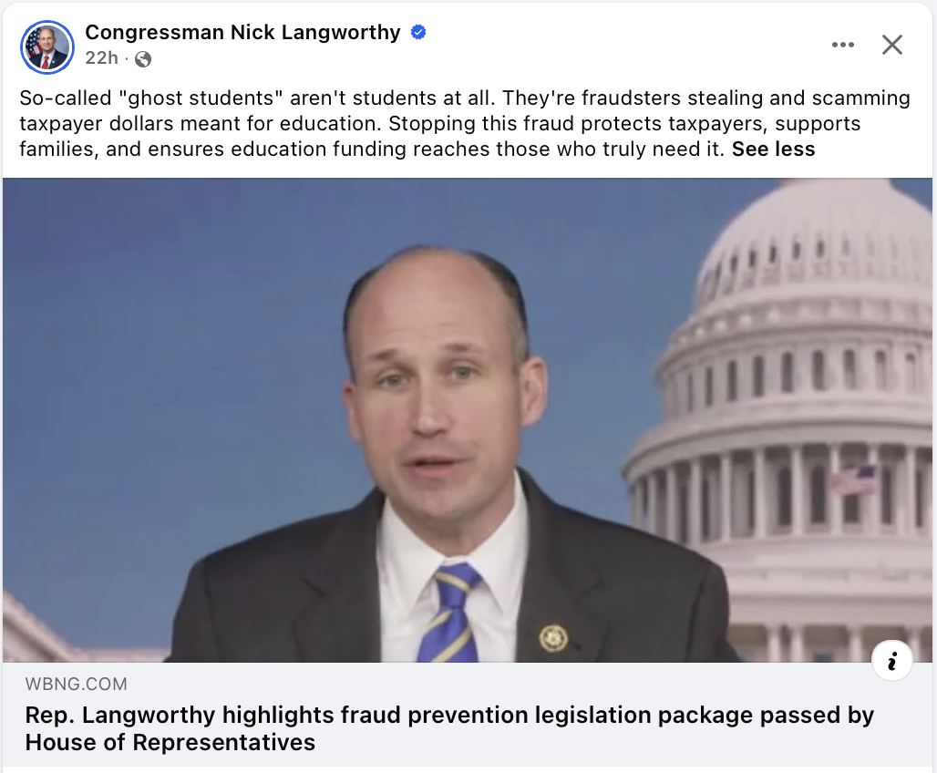 Facebook post from Rep. Nick Langworthy stating that 'ghost students' are fraudsters stealing education aid, sharing a WBNG story headlined 'Rep. Langworthy highlights fraud prevention legislation package passed by House of Representatives.'