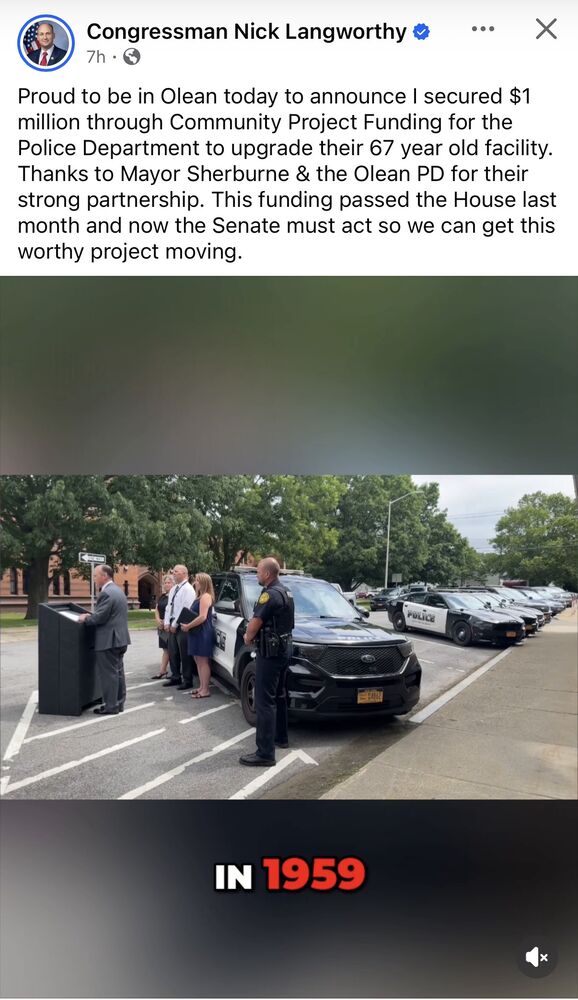 Screenshot of Rep. Nick Langworthy's Facebook post announcing he 'secured $1 million through Community Project Funding' for the Olean Police Department, adding that 'this funding passed the House last month and now the Senate must act.'