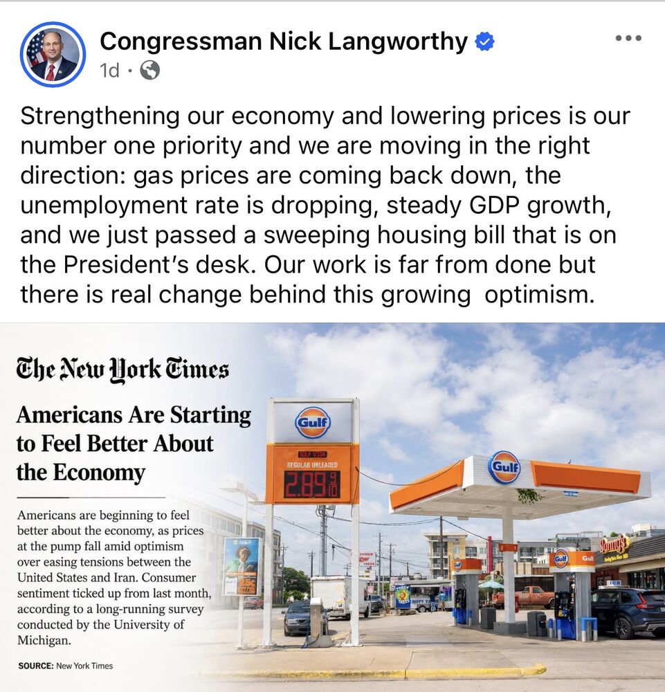 Screenshot of Rep. Langworthy's Facebook post citing gas prices, unemployment, GDP growth, and 'a sweeping housing bill that is on the President's desk,' resharing a New York Times article headlined 'Americans Are Starting to Feel Better About the Economy.'